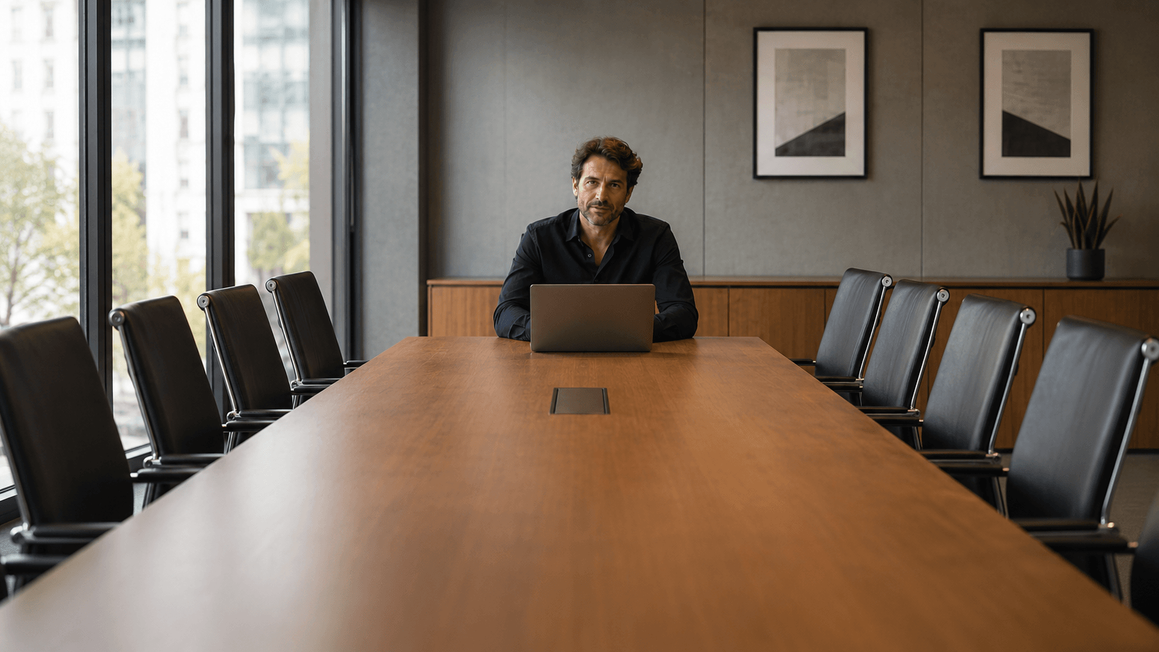 Dirigeant seul au bout d'une grande table de réunion aux chaises vides, travaillant sur un ordinateur portable.