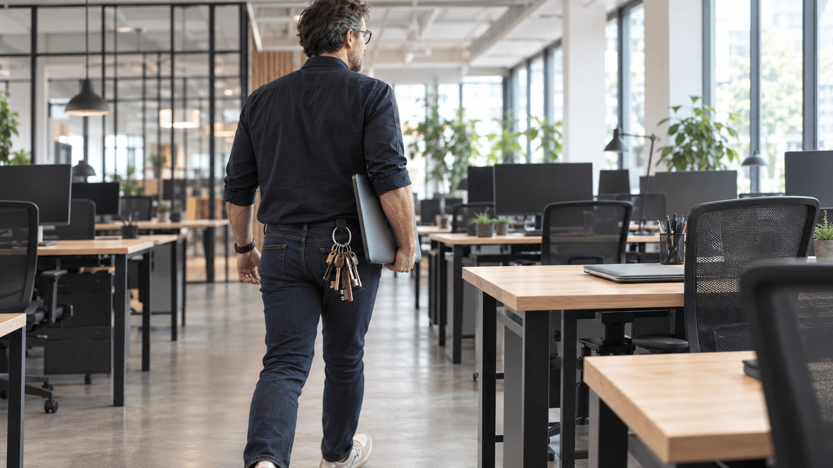 Dans un open space aux bureaux vides, un développeur marche de dos, un ordinateur portable sous le bras et un lourd trousseau de clés accroché à sa ceinture.