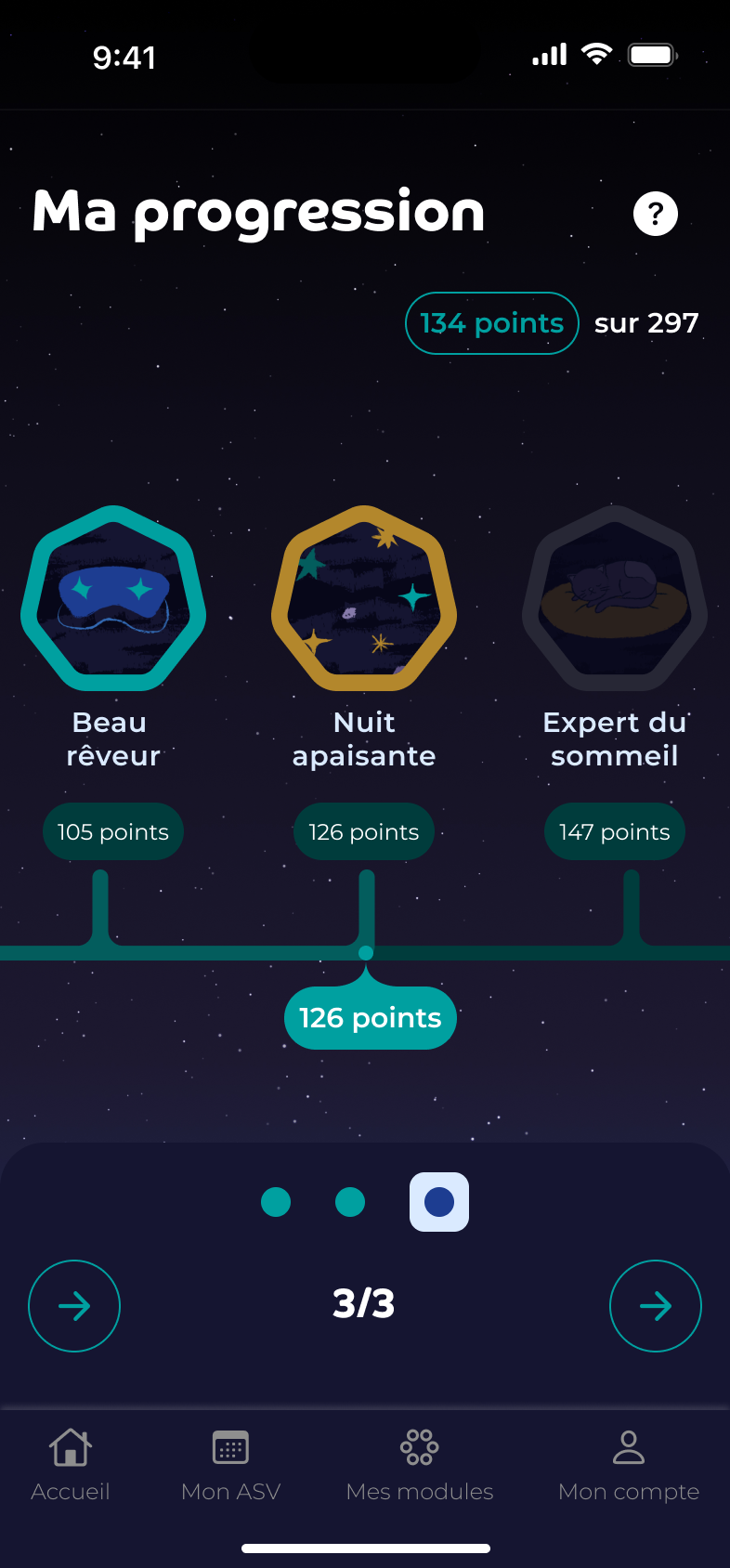 Aperçu de l'application iOS DI&Care livrée, écran de progression patient avec badges thérapeutiques.
