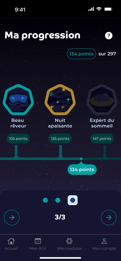 Écran iOS DI&Care, suivi de progression du patient avec badges et points cumulés