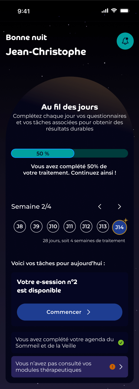 Écran iOS DI&Care, accueil patient avec progression hebdomadaire et séance e-thérapie en cours