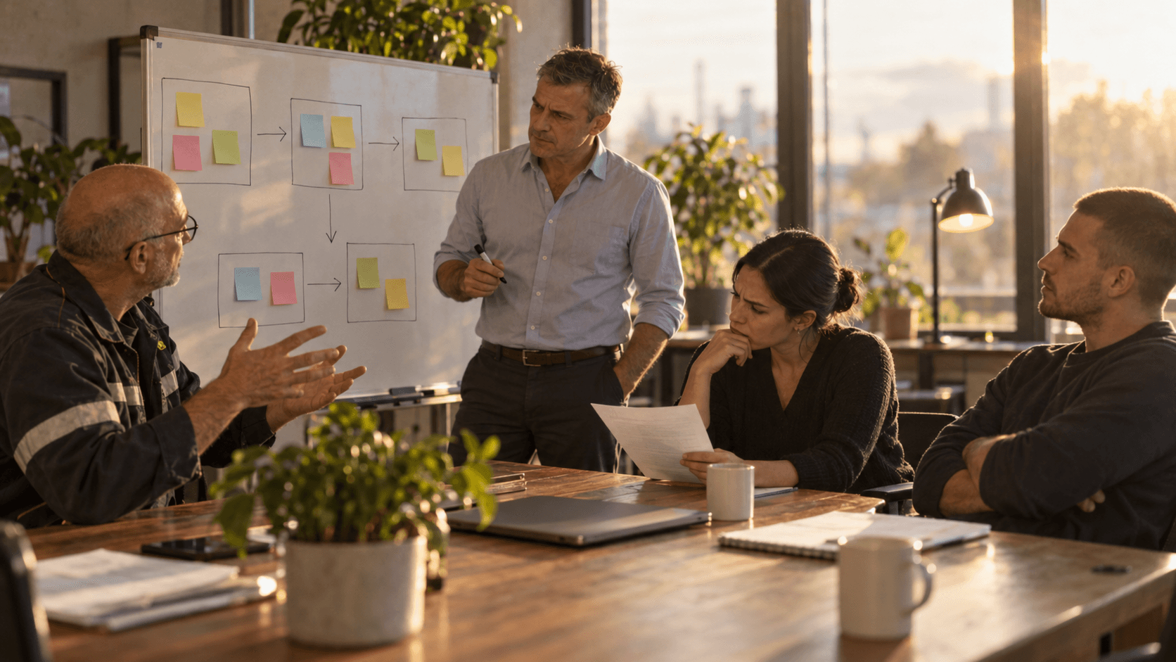 Photo d’une séance de travail en fin d’après-midi : un ingénieur au tableau blanc couvert de post-it écoute un chef d’atelier qui explique, devant une responsable financière sceptique et un collègue pensif, l’ordinateur portable fermé sur la table.