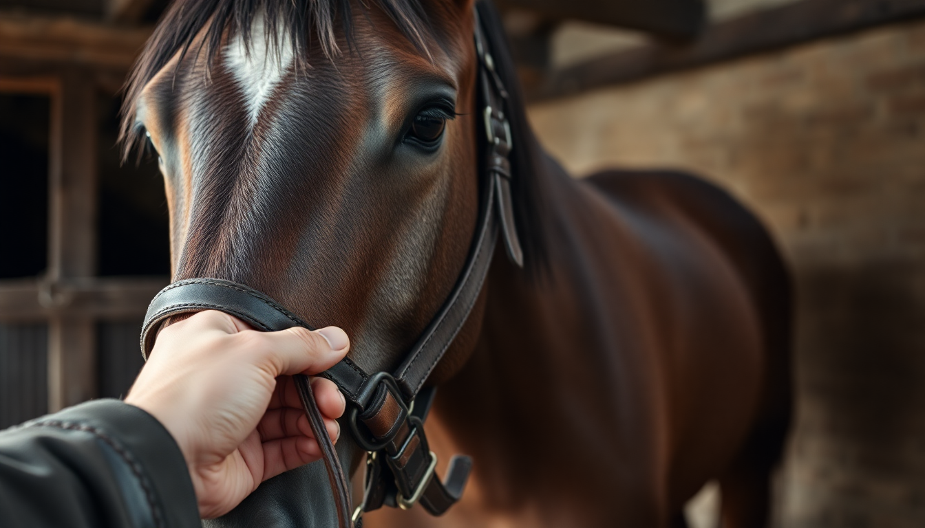 Gros plan sur la tête d’un cheval brun dans une écurie, une main tenant les rênes de cuir de son harnais.