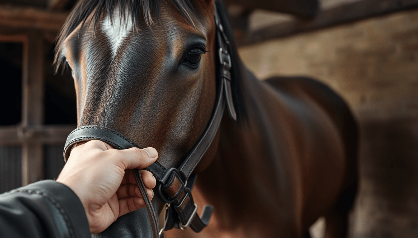Gros plan sur la tête d’un cheval brun dans une écurie, une main tenant les rênes de cuir de son harnais.