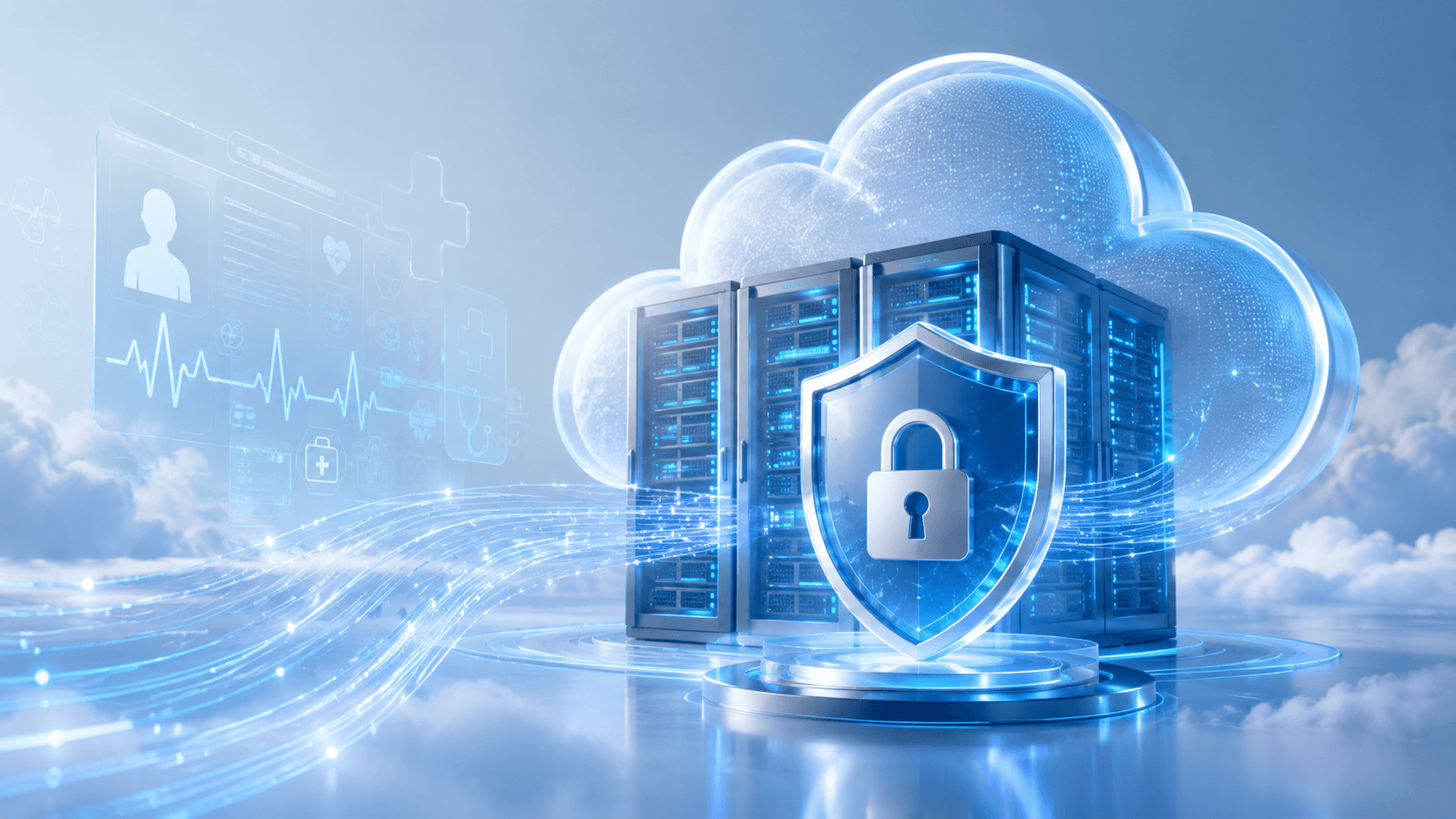 Serveurs cloud protégés par un bouclier pour illustrer l'hébergement de données de santé.