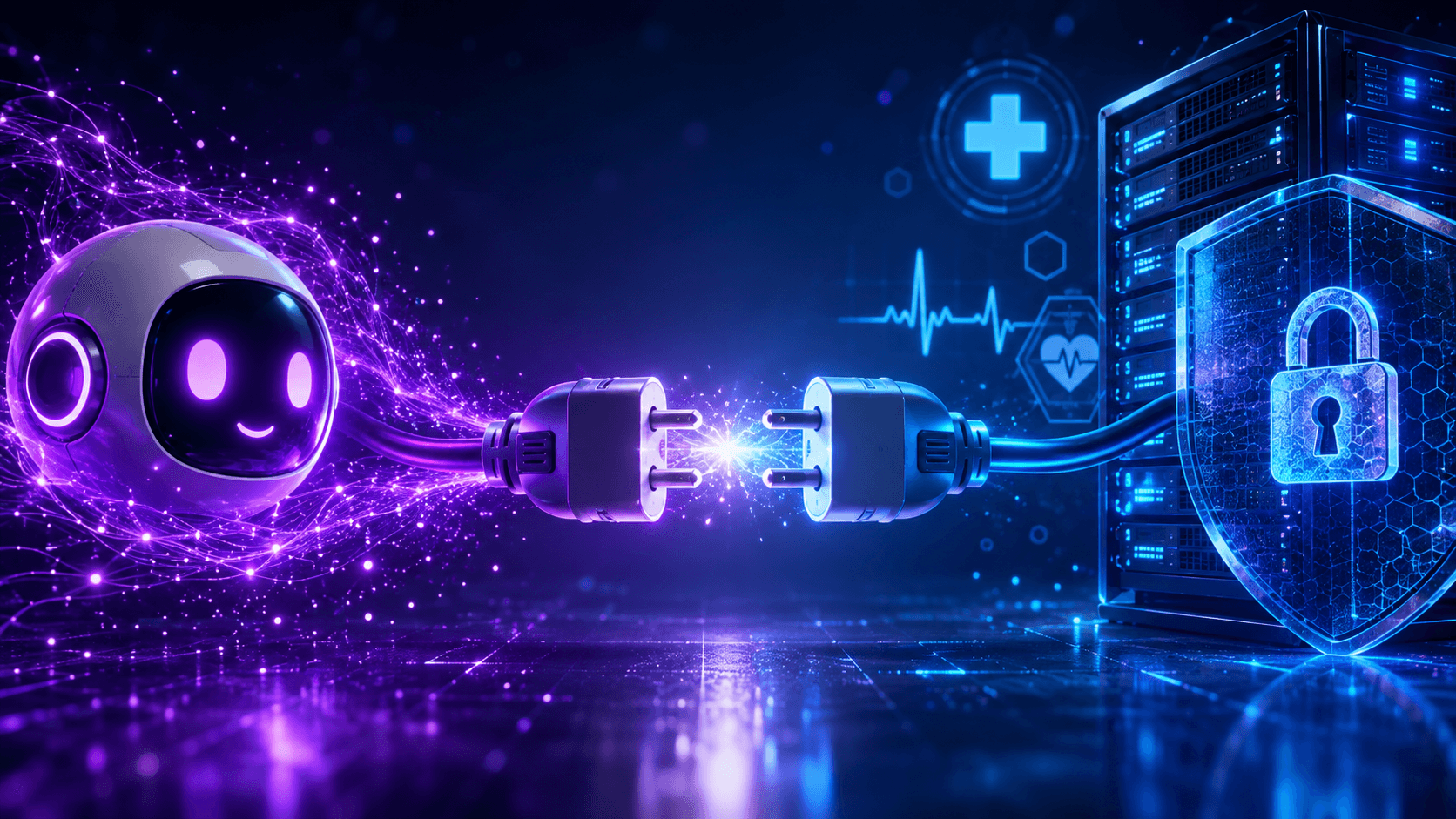 Deux prises électriques sur le point de se brancher : d'un côté un robot représentant l'IA, de l'autre des serveurs de données de santé protégés par un bouclier.