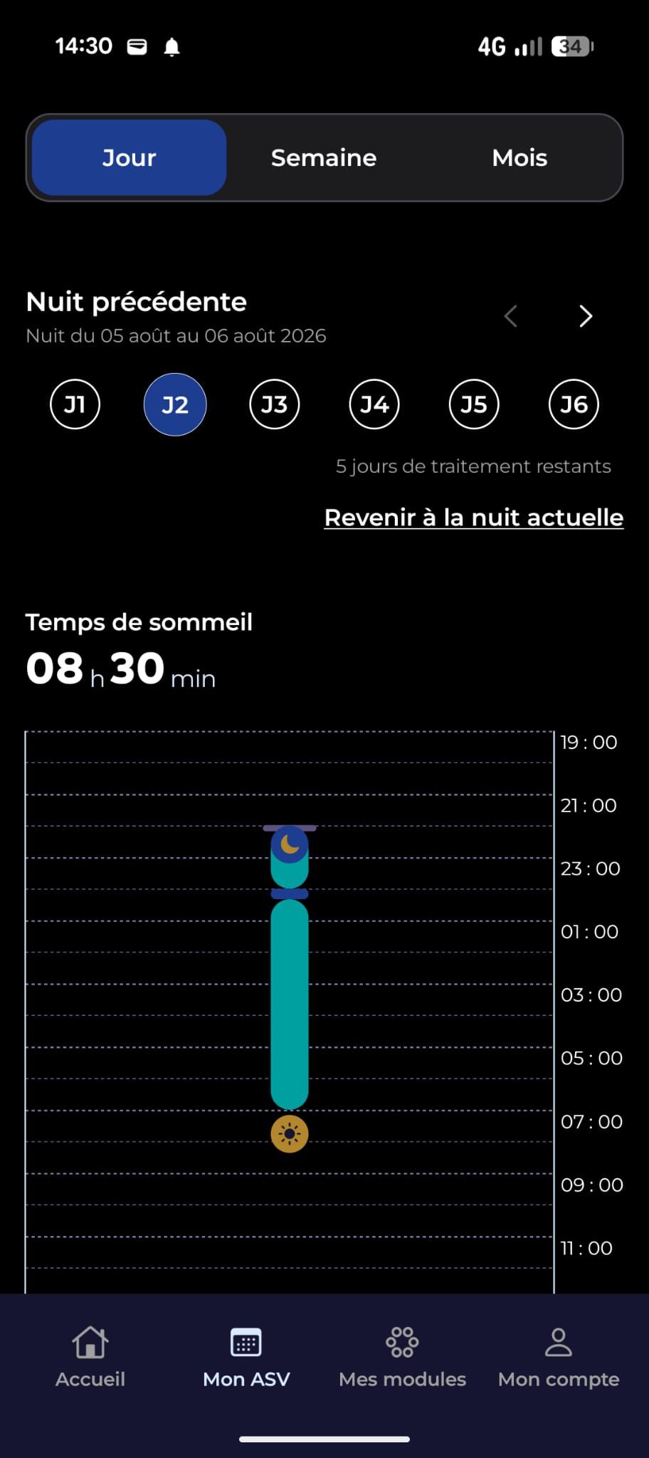 Écran Android Noxxea, agenda du sommeil : nuit du 5 au 6 août 2026, 8 h 30 de sommeil, frise horaire de 19 h à 11 h avec coucher et lever.
