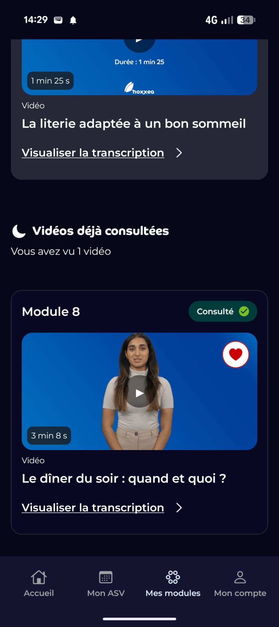 Écran Android Noxxea, modules vidéo de psychoéducation : une vidéo consultée sur la literie, un module 8 sur le dîner du soir.